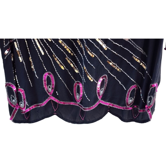 VTG 70s Argenti 100% Pure Silk Black Pink Sequin Beaded Bows Blouse S Hong Kong - Picture 8 of 10